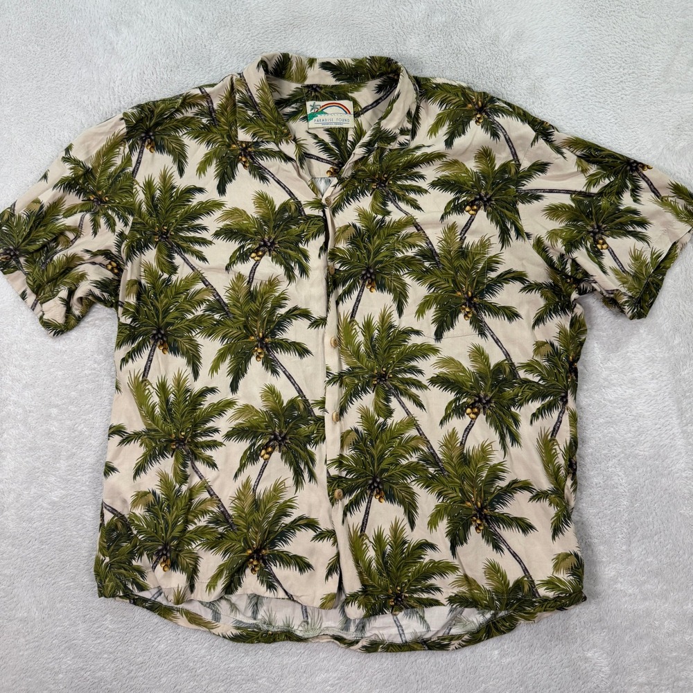 Paradise Found Mens XL Hawaiian Shirt Palm Tree Rayon Short Sleeve Button Up EUC
